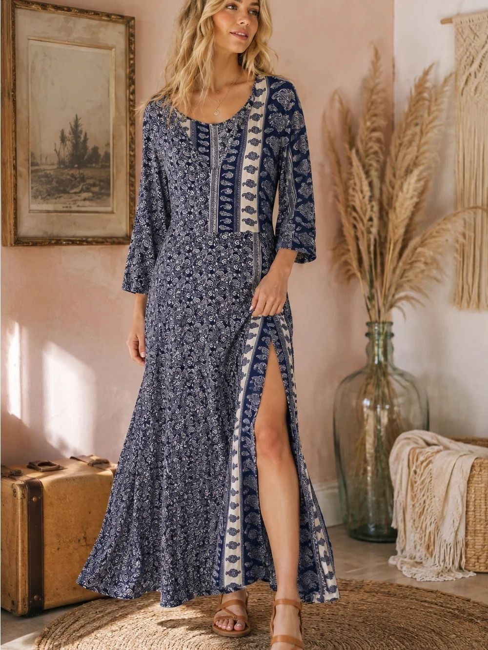Vintage Navy and Cream Floral Maxi Dress with Side Slits Boho Aesthetic